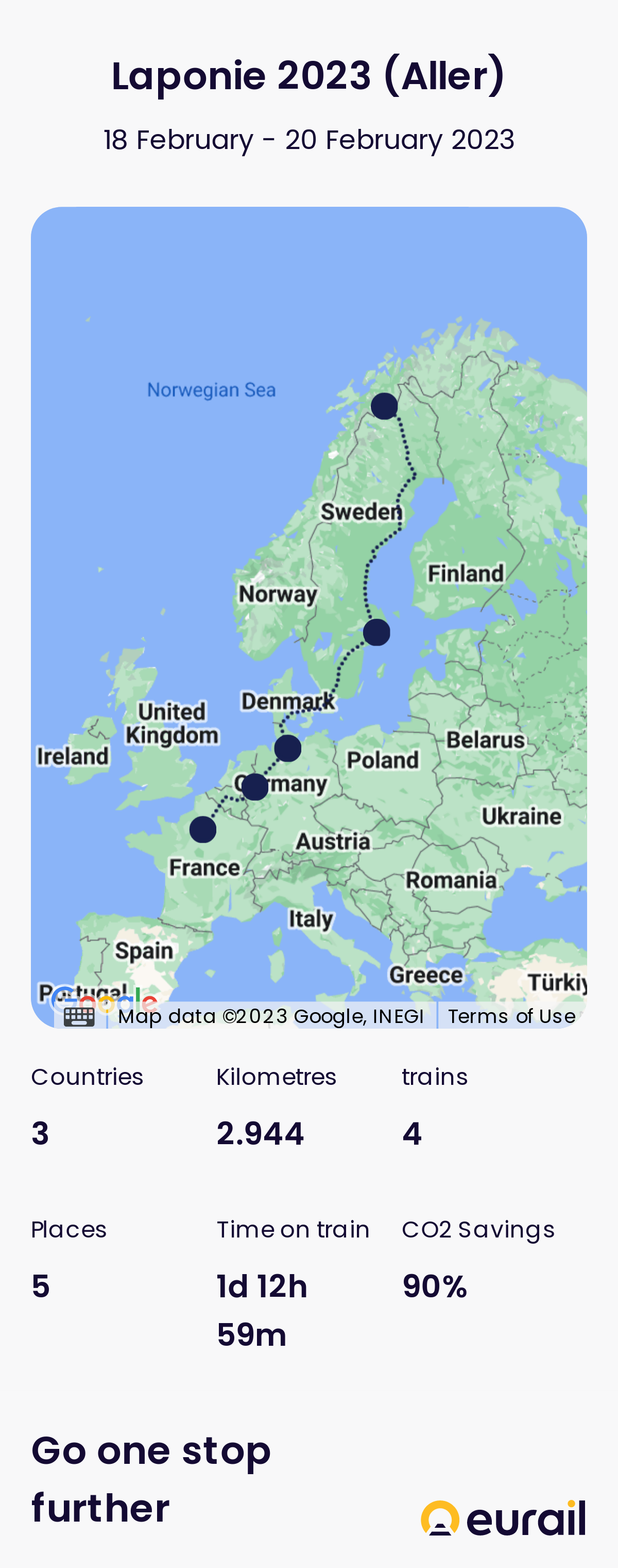 Carte du voyage et statistiques : 2944 km, 4 trains, 3 pays, 1 jour 12 h 59 min de voyage